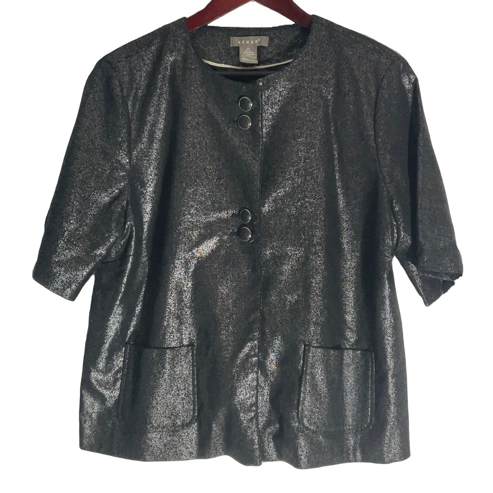Kenar Black Sparkly Four Button Front 3/4 Length Sleeves Waist Jacket Pockets 14